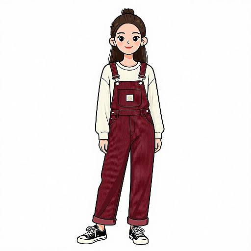 Digital anime-style drawing of a smiling young woman with long black hair in a bun, wearing a white long-sleeve shirt, red pinstrip