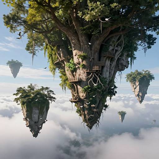Photorealistic CGI of floating tree islands with lush greenery, rope bridges, and small wooden huts, surrounded by clouds and blue sky.