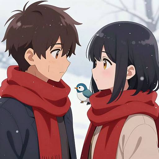 Anime-style digital drawing of a shy brown-haired boy and a blushing dark-haired girl, both wearing red scarves, facing each other with a small