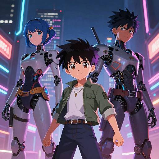 Digital anime-style artwork of a young boy with black spiky hair, wearing a green jacket, flanked by two blue-haired, robotic female warriors in