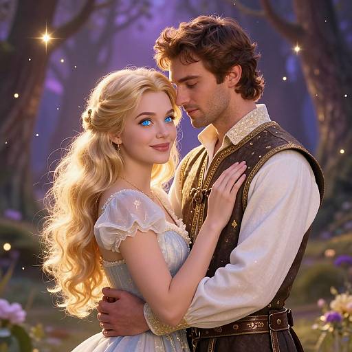 Photograph-style digital art of a blonde, blue-eyed woman in a white, lace dress, and a brown-haired man in a brown vest, embracing