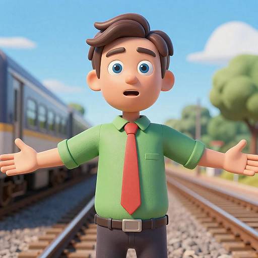 3D CGI Surprised Man on Tracks