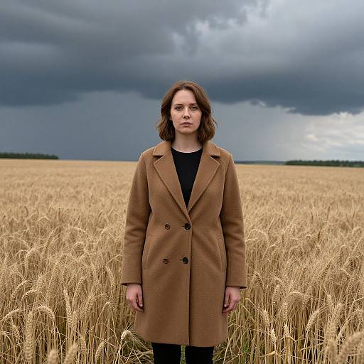 Photograph of a serious woman with shoulder-length brown hair, wearing a brown coat and black top, standing in a golden wheat field under a dramatic,