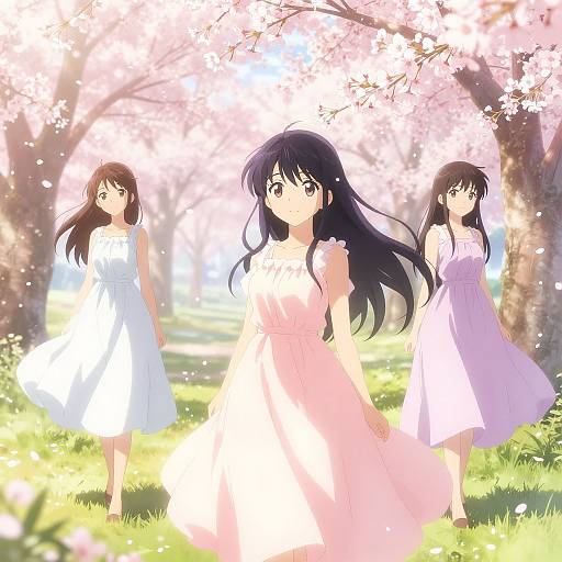 Anime Girls in Cherry Blossom Garden