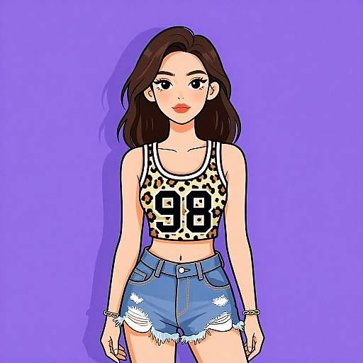 Young Woman in Leopard Print Crop Top and Distressed Denim Shorts