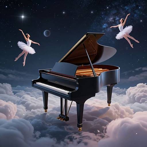 Digital artwork: A grand piano with an open lid floats on clouds, surrounded by two dancing ballerinas in white tutus, against a starry