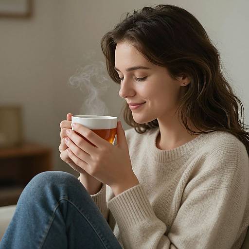 Photograph of a smiling young woman with long brown hair, wearing a beige sweater and blue jeans, holding a steaming cup of tea.