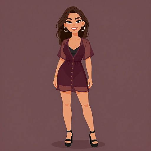 Digital illustration of a smiling woman with wavy brown hair, large hoop earrings, wearing a deep purple button-up dress, black high heels, and a