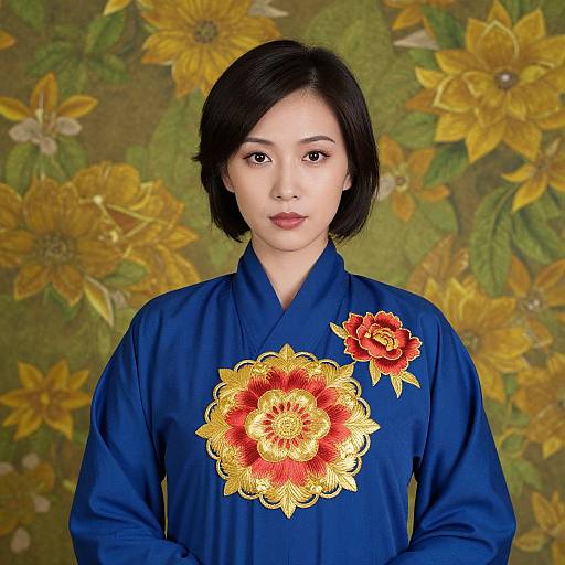 Woman in Blue Robe with Floral Background