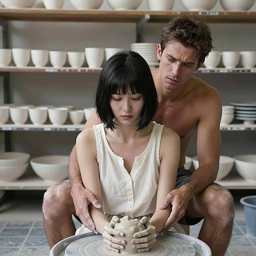 Couple Making Pottery Together in Studio