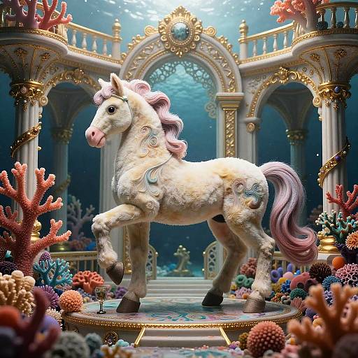 Digital artwork of a white, intricately patterned unicorn with pink mane and tail, prancing in an ornate, underwater palace surrounded by colorful coral