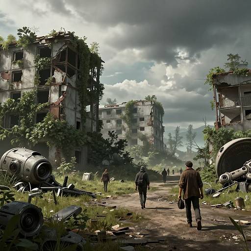 Digital artwork of a post-apocalyptic scene: three people walking through a ruinous, overgrown city, surrounded by dilapidated buildings, scattered debris