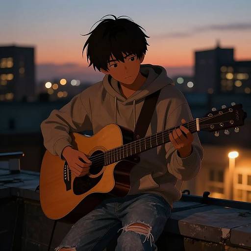 Anime-style digital drawing of a young man with messy black hair, wearing a gray hoodie and ripped jeans, playing an acoustic guitar on a rooftop at dusk
