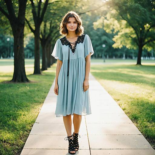 Young Woman in Light Blue Dress in Park