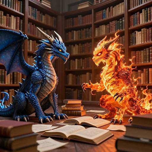 Photorealistic CGI: Blue dragon with scales and wings faces fiery orange dragon in a library, surrounded by open books and stacked tomes.