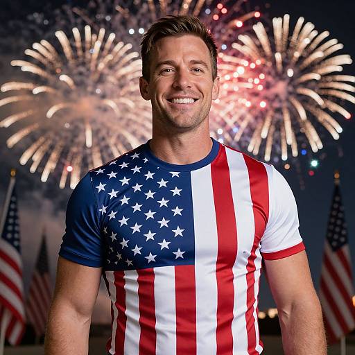 Photograph of a smiling, muscular man with short brown hair wearing a patriotic American flag shirt, standing in front of vibrant fireworks and multiple American flags.