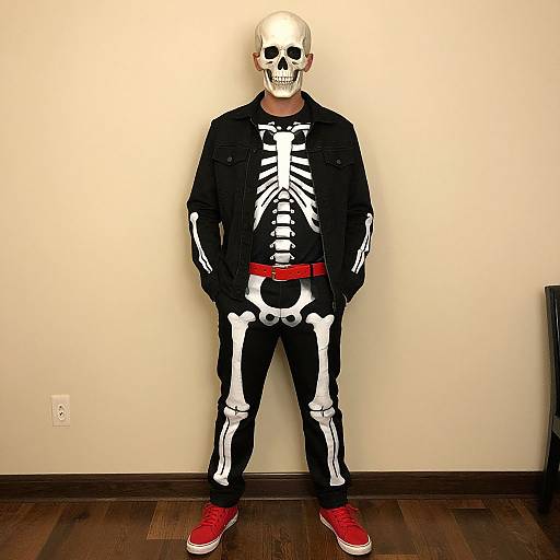 Photograph of a man wearing a white skull mask, black skeleton-print jacket and pants, red belt, and red sneakers, standing against a plain beige
