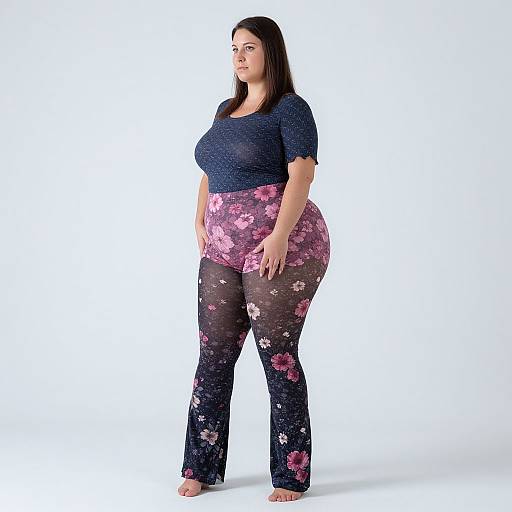 Photograph of a plus-size woman with long dark hair, wearing a black short-sleeve top and floral-patterned, sheer black pants, standing