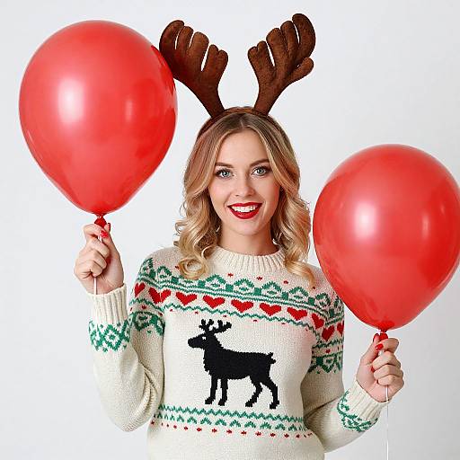 Photograph of a smiling blonde woman with red lipstick, wearing reindeer antlers, a Christmas sweater with moose and heart patterns, holding two red