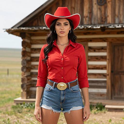 Photograph of a young woman with olive skin, black wavy hair, red cowboy hat, red button-up shirt, and denim shorts, standing in