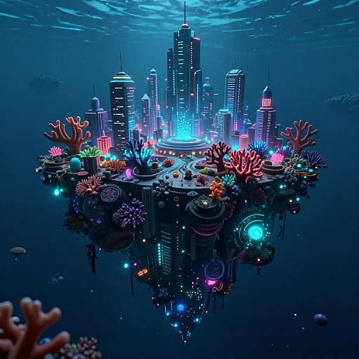 Digital artwork: Vibrant underwater cityscape with glowing skyscrapers, colorful coral reefs, and bioluminescent lights reflecting in dark blue ocean.