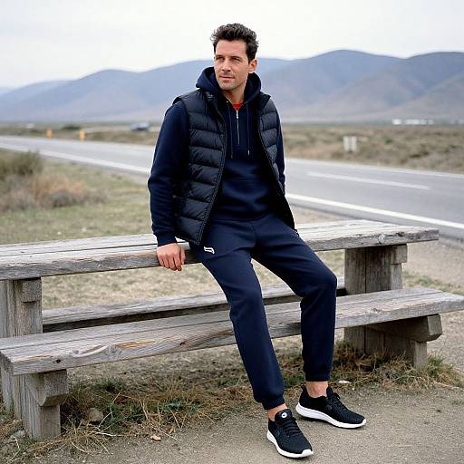 Photograph of a fit, dark-haired man in a black puffer jacket, black tracksuit, and black sneakers, sitting on a wooden bench by