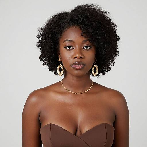 Photograph of a beautiful, dark-skinned woman with curly black hair, wearing a brown strapless dress, gold hoop earrings, and a gold chain