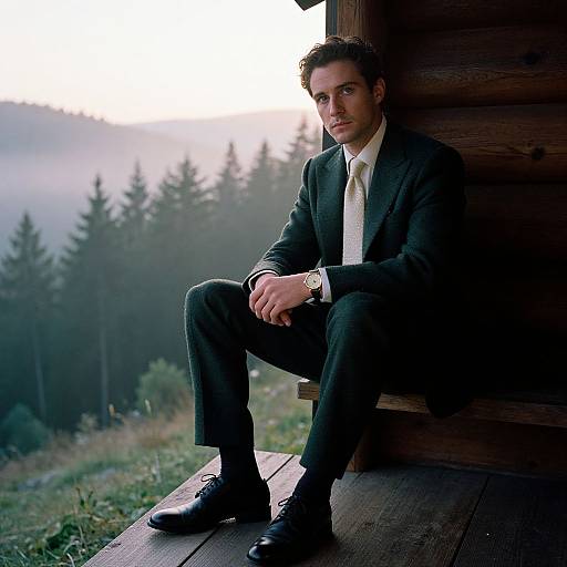 Photograph of a handsome man with dark hair, wearing a black suit, white shirt, and black shoes, sitting on a wooden porch, looking serious