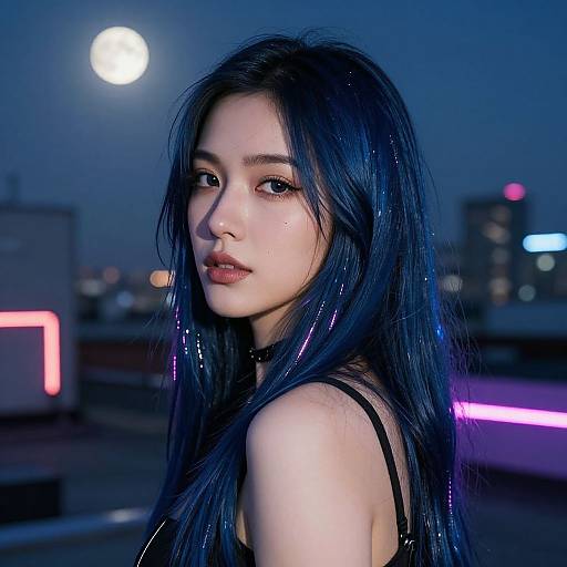 Photograph of an Asian woman with long, dark blue, neon-lit hair, pale skin, and subtle makeup, standing against a night cityscape