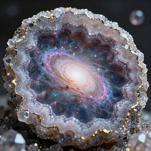 Photograph of a glowing, iridescent crystal resembling a swirling galaxy with vibrant blues, purples, and whites, surrounded by a sparkling, translucent