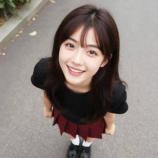 Photograph of smiling young Asian woman with long black hair, wearing black top and maroon skirt, standing on gray pavement.