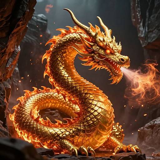 Digital art of a fiery, golden dragon with glowing eyes and sharp horns, breathing fire in a dark, rocky cavern.