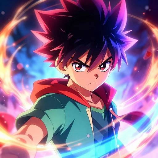 Anime-style digital illustration of a spiky-haired boy with intense red eyes, wearing a green shirt and red hoodie, surrounded by vibrant, swirling fire and