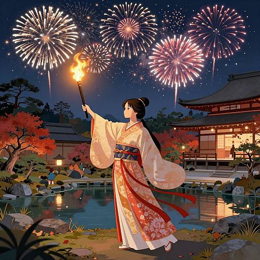 Anime-style illustration of a woman in a floral kimono holding a torch, celebrating fireworks by a tranquil pond at night.