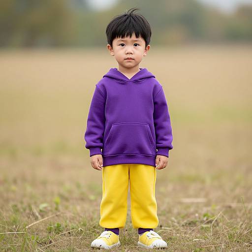 Photograph of an Asian toddler with black hair, wearing a purple hoodie, yellow pants, and white shoes, standing in a grassy field.