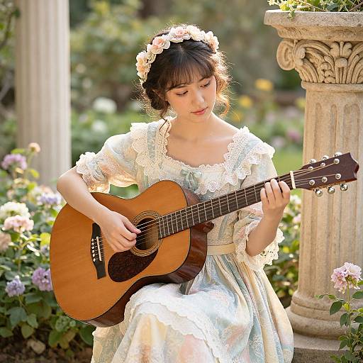 Photograph of an East Asian woman with a flower crown, wearing a white lace dress, playing an acoustic guitar in a sunlit garden.