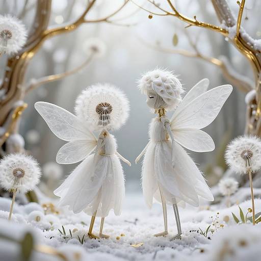 Photograph of two white fairy doll figures with delicate wings, standing amidst a snowy forest, surrounded by glowing dandelions.