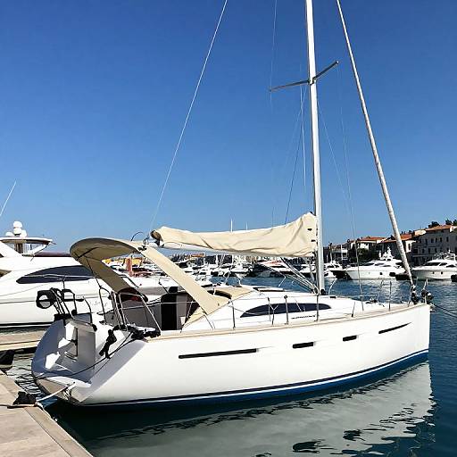 Photograph of a white sailboat with beige canvas cover, docked in a bright blue marina, under a clear sky. Other boats and Mediterranean