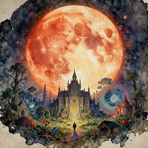 Fantastical digital artwork: A glowing red moon dominates a dark sky, illuminating a Gothic castle with a silhouette figure approaching, surrounded by mystical trees