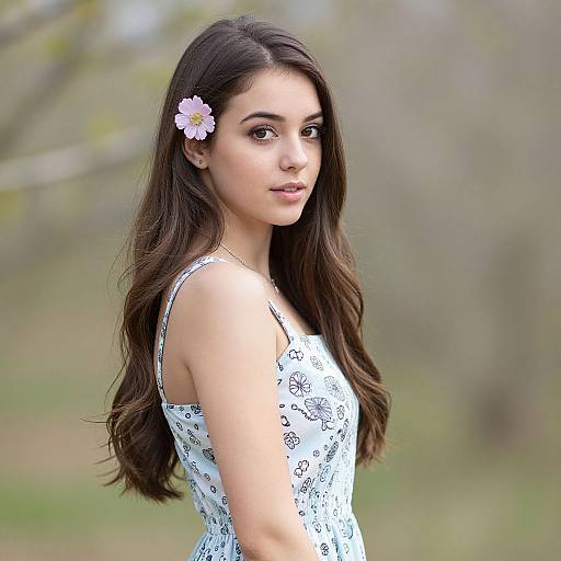 Photograph of a young woman with long brown hair, wearing a white floral dress, and a pink flower in her hair, standing outdoors against a blurred