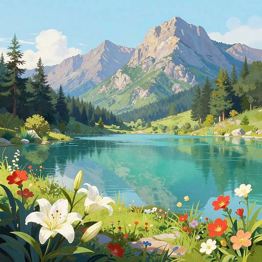 Vibrant digital painting of a serene mountain lake with reflections, surrounded by lush greenery, colorful flowers, and towering pine trees, under a bright