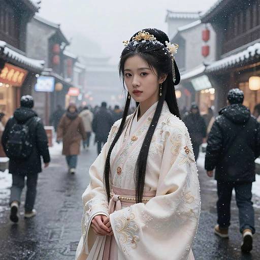 Chinese Woman in Traditional Hanfu in Snowy Street