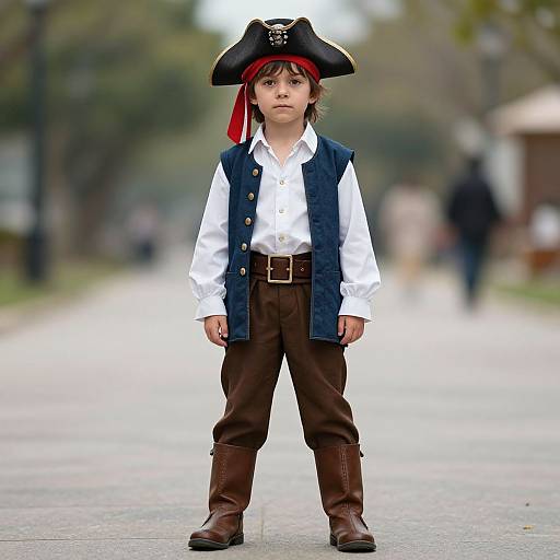 Photograph of a young boy in a pirate costume, white shirt, blue vest, brown pants, black boots, red headband, and black tr
