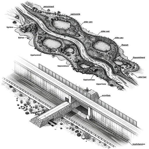 Isometric Engineering Blueprint of River System with Annotations