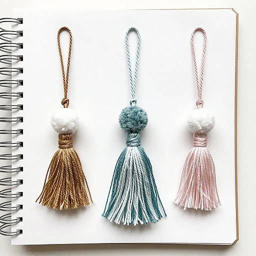 Photograph of three pom-pom tassel necklaces on a spiral-bound notebook: gold, blue, pink, each with a fluffy pom and metallic