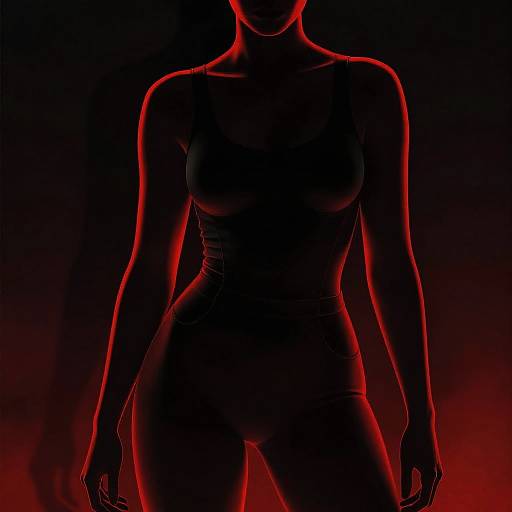 Silhouetted female figure with glowing red neon outline, standing against a dark black background with a red mist at the bottom. Digital art.
