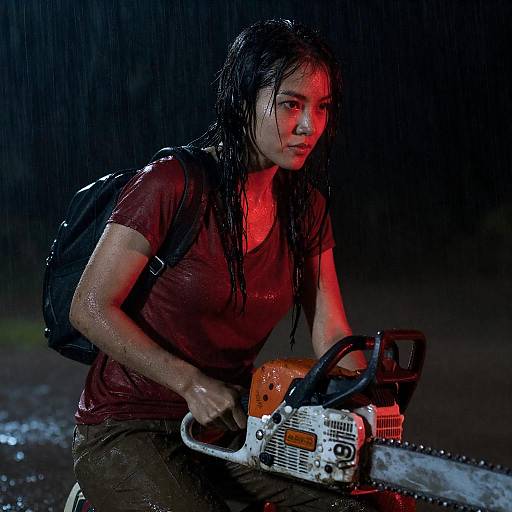 Woman Holding Chainsaw in Rainy Night