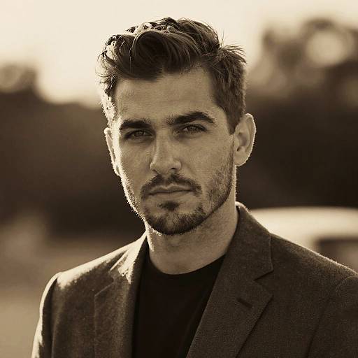 Sepia-toned photograph of a serious, handsome man with dark hair, trimmed beard, and mustache, wearing a dark blazer over a black