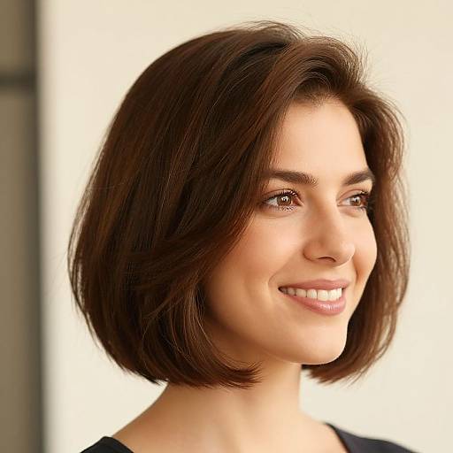 Photograph of a smiling young woman with medium-length, dark brown, wavy hair, light skin, and brown eyes, against a bright white background