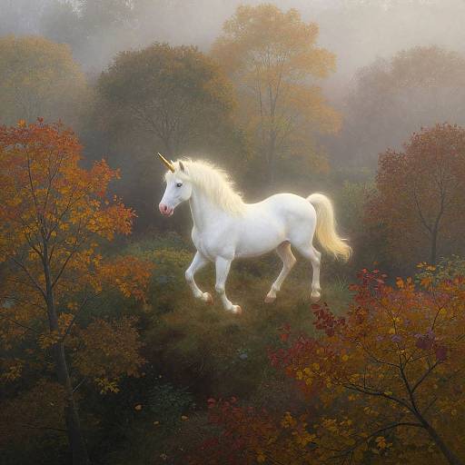 Digital painting of a glowing white unicorn with a golden mane and horn, walking through a misty autumn forest with vibrant red, orange, and green leaves